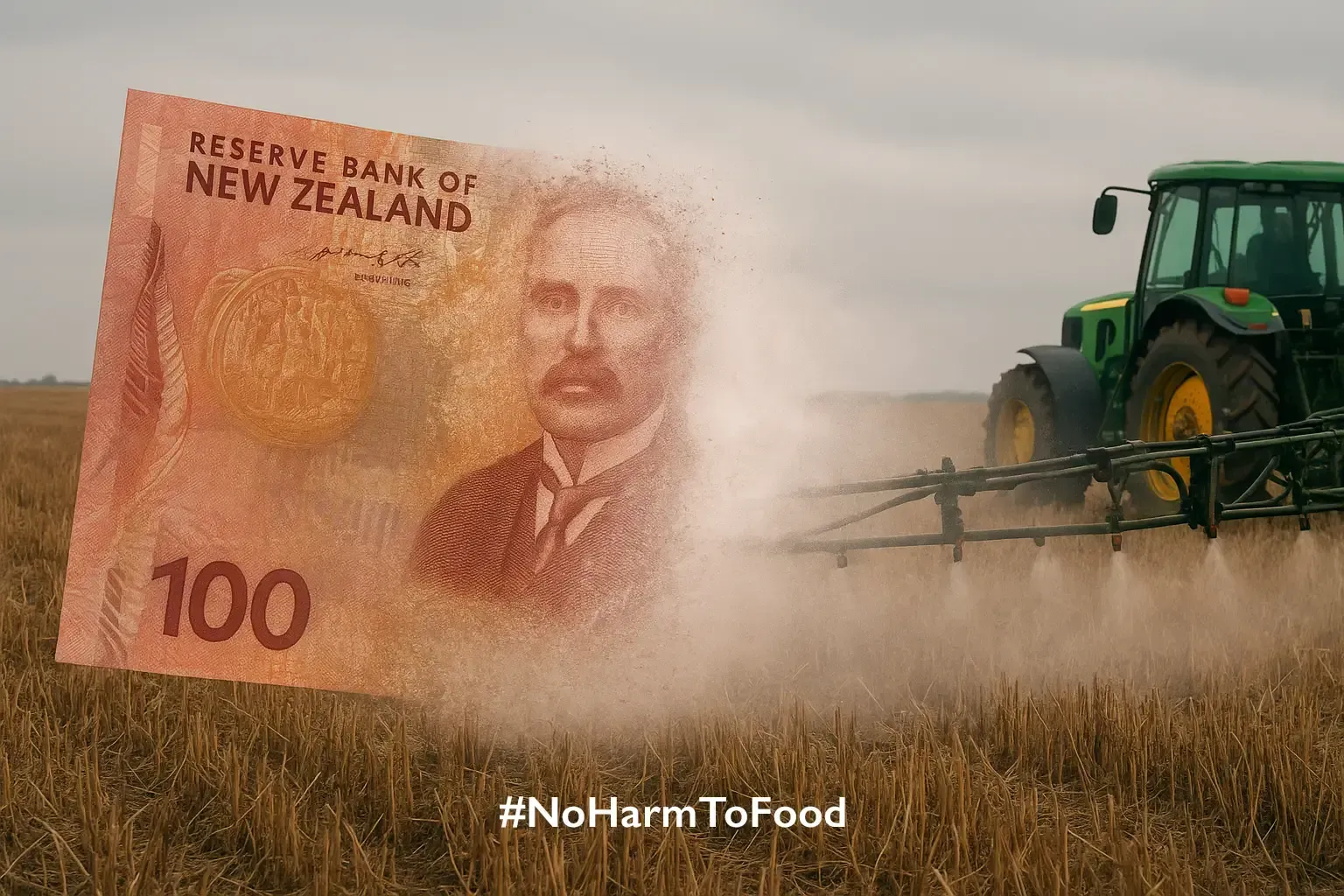 New Zealand $100 banknote amid dusty farm field beside a tractor, with “#NoHarmToFood” text