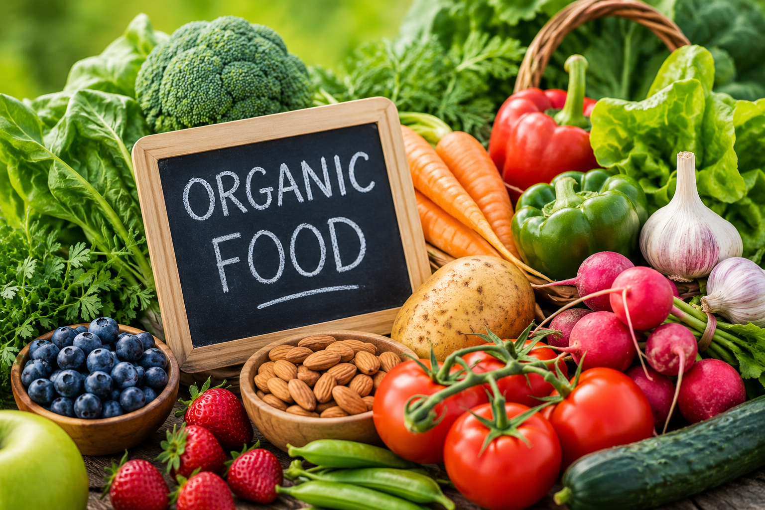 Organic food display with fresh vegetables, berries, nuts, and a chalkboard sign on a table