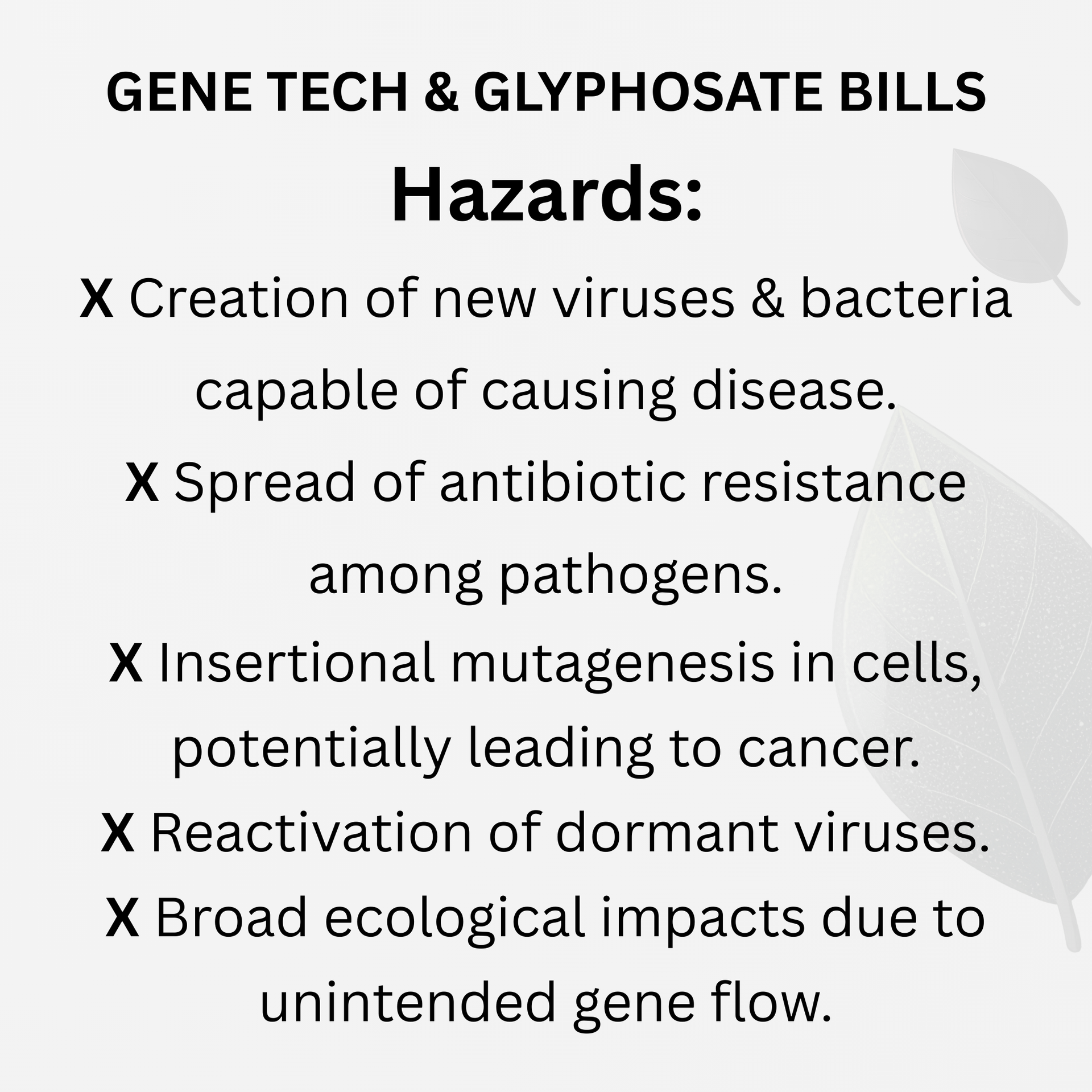 Text listing hazards of Gene Tech & Glyphosate Bills, including disease, resistance, cancer, and ecological impacts. NZ.