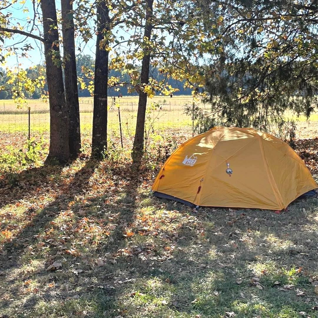 A yellow tent is sitting in the middle of a field.