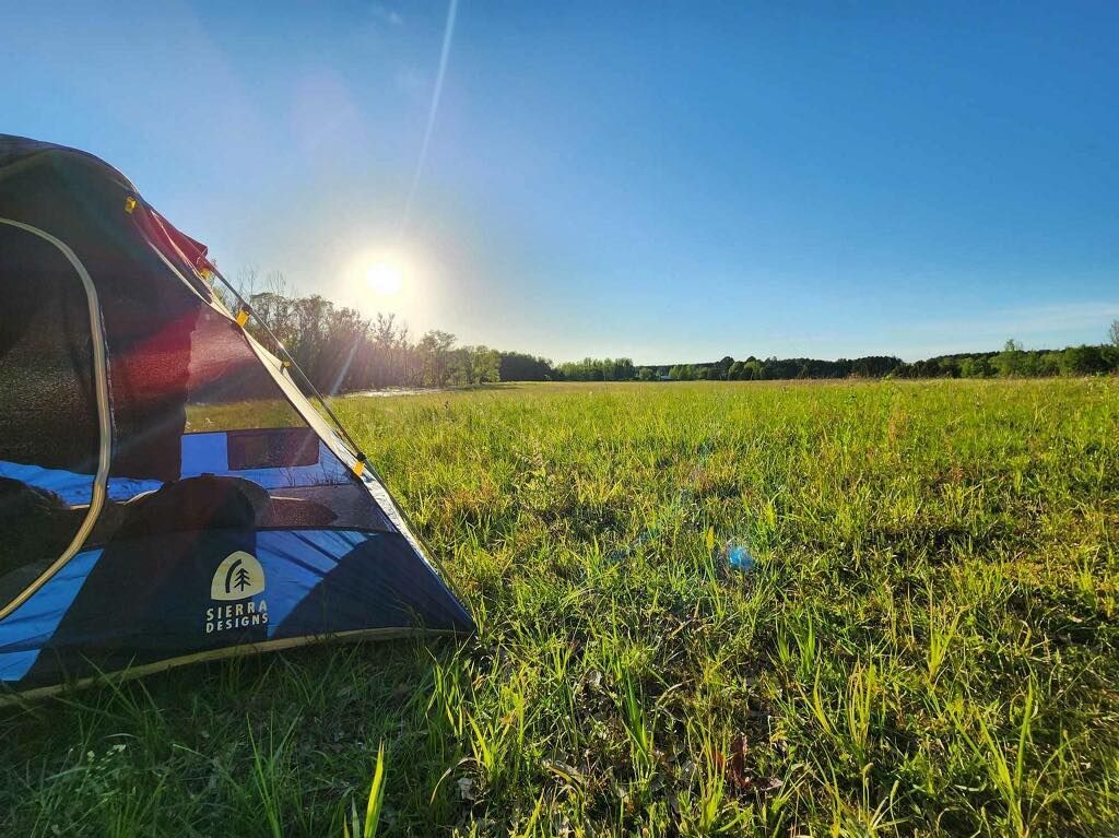 A tent is sitting in the middle of a grassy field.