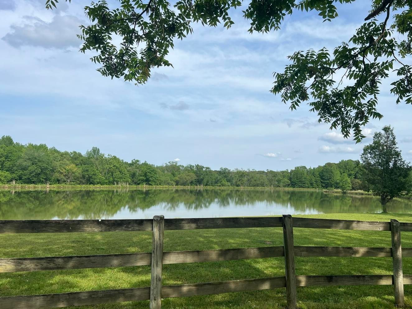 A wooden fence surrounds a lake with trees in the background