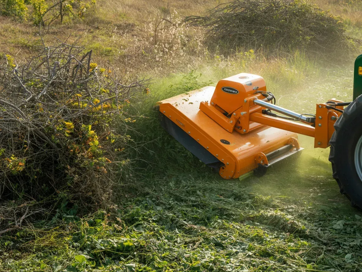 Orange brush mower cutting tall grass beside a field