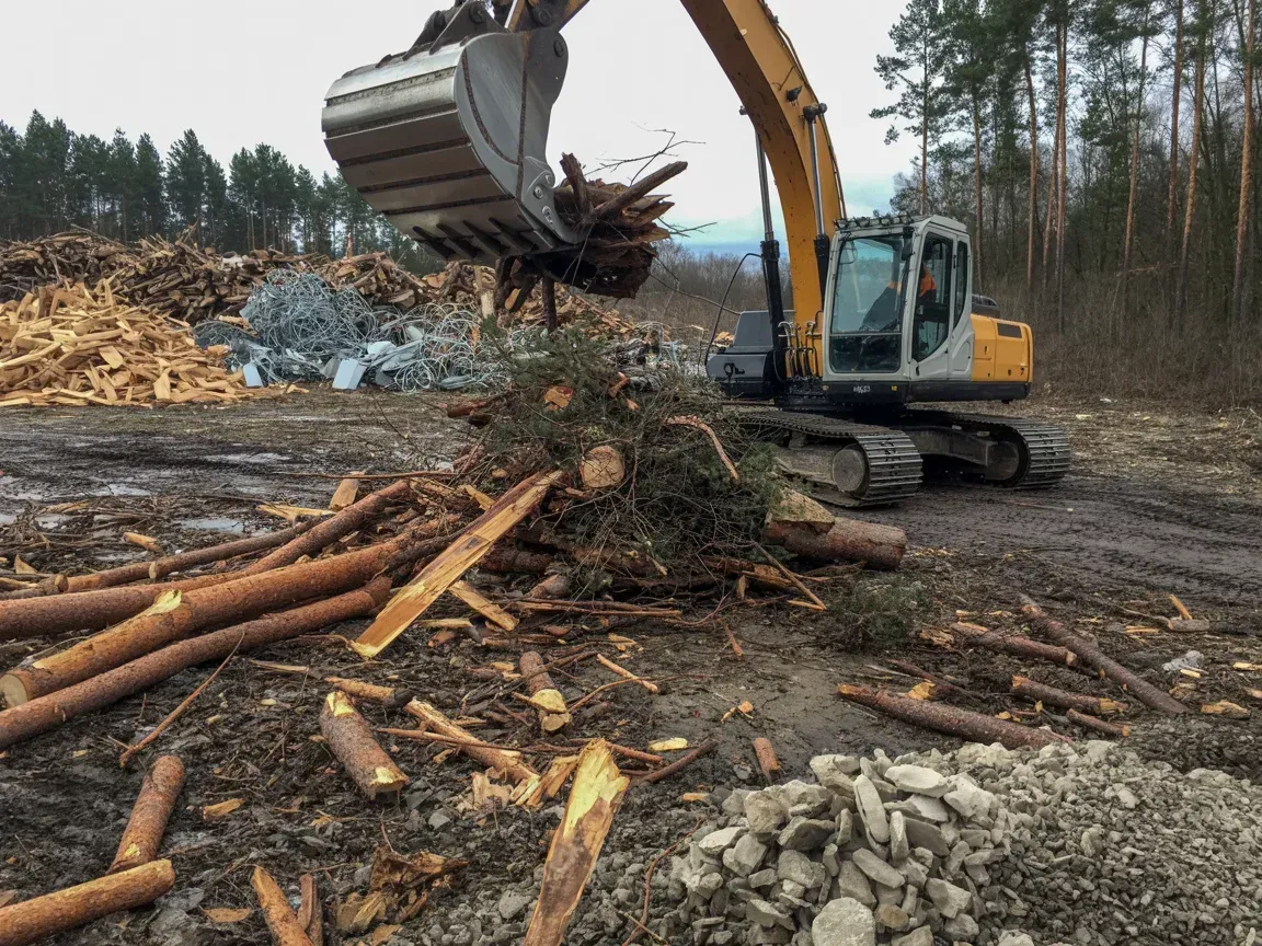 Excavator loading logs and debris at a muddy logging site, with cut trees and piled wood in the background.