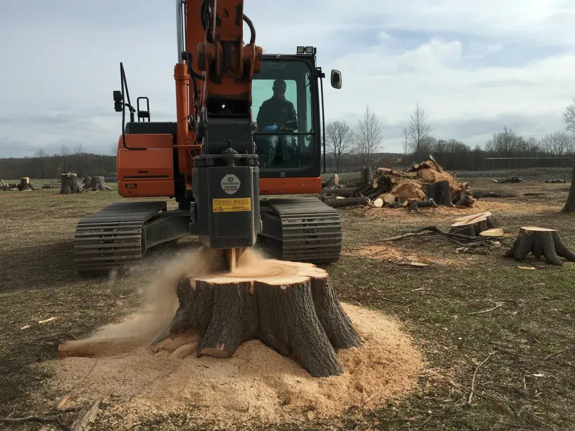 Excavator cutting down a tree stump in a field, with wood chips and logs scattered nearby.