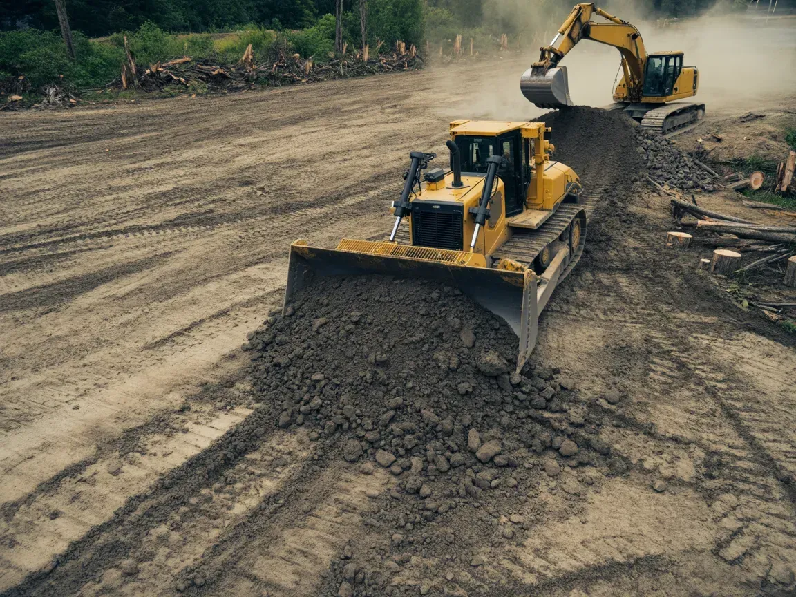 Two bulldozers grading a dirt road on a construction site, one pushing soil in the foreground