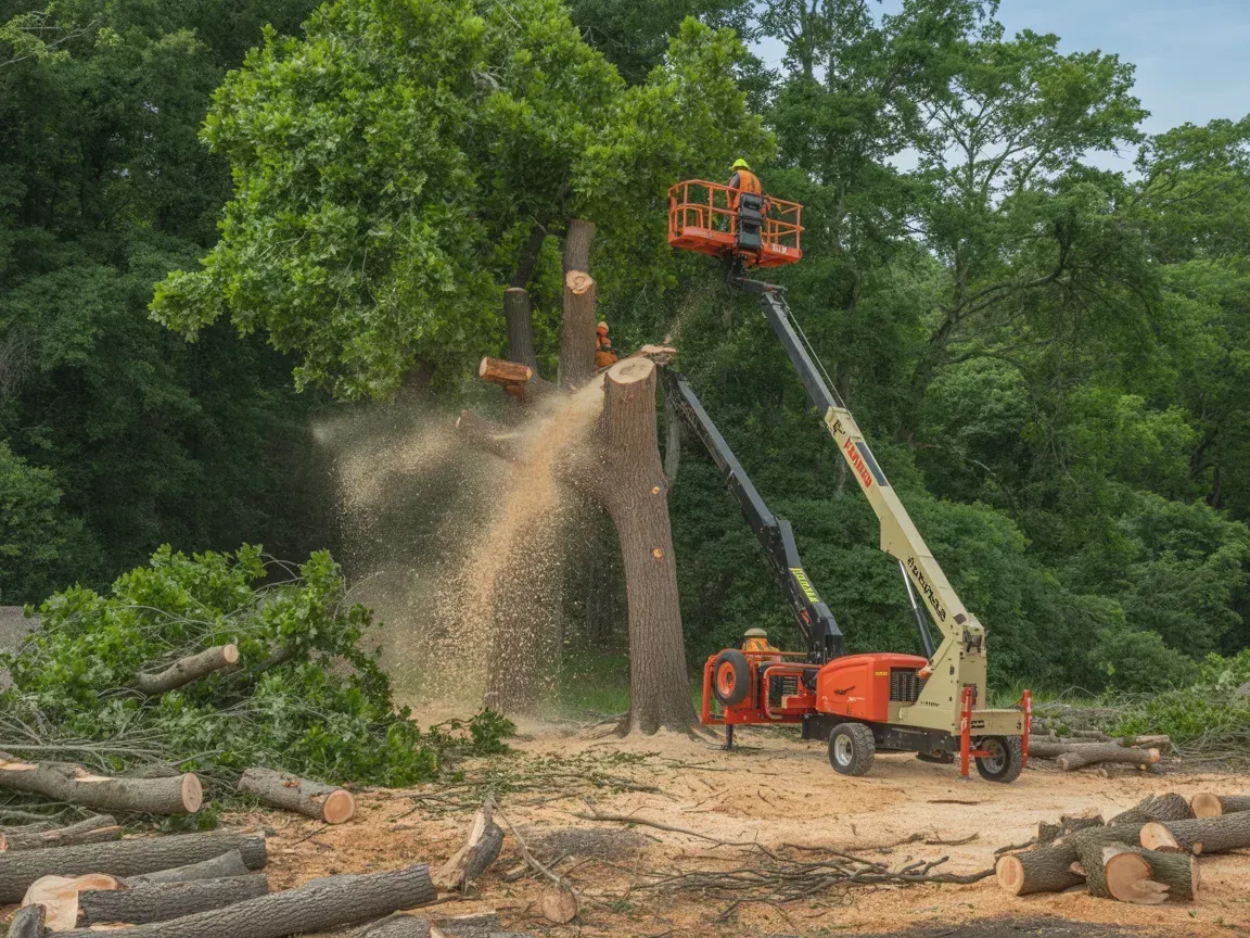 Workers using cranes to cut a tree, with wood chips flying in a forest clearing