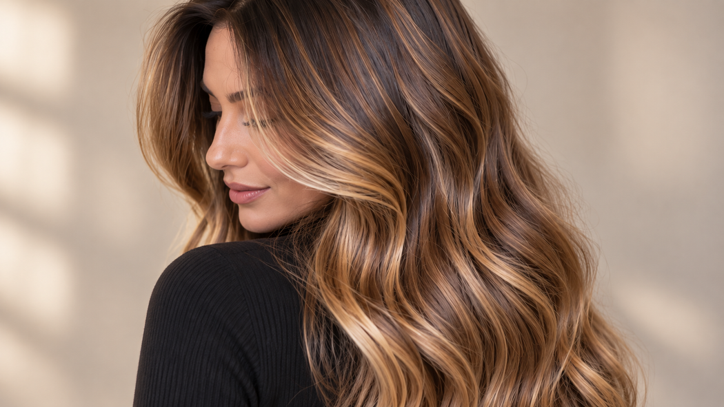 Donna con lunghi capelli castani ondulati, ritratta di profilo con indosso una maglia nera su uno sfondo beige tenue.