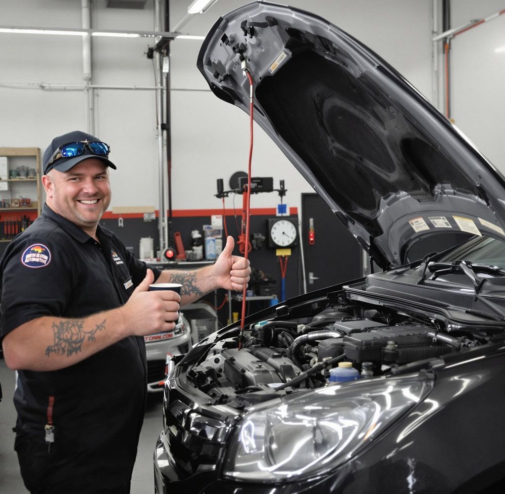 Smiling mechanic giving thumbs up beside open car bonnet at North Geelong Automotive workshop