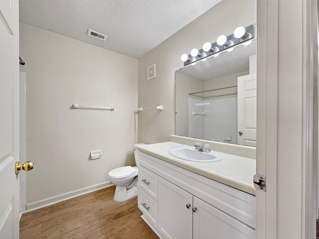 Bathroom with white vanity, toilet, and mirror, beige walls, and wood-look flooring.