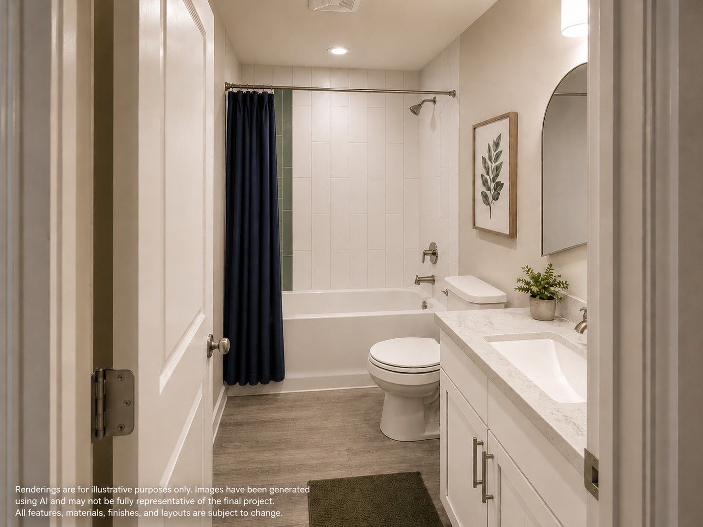 Bright bathroom hallway view with white vanity, bathtub, dark curtain, and beige walls.