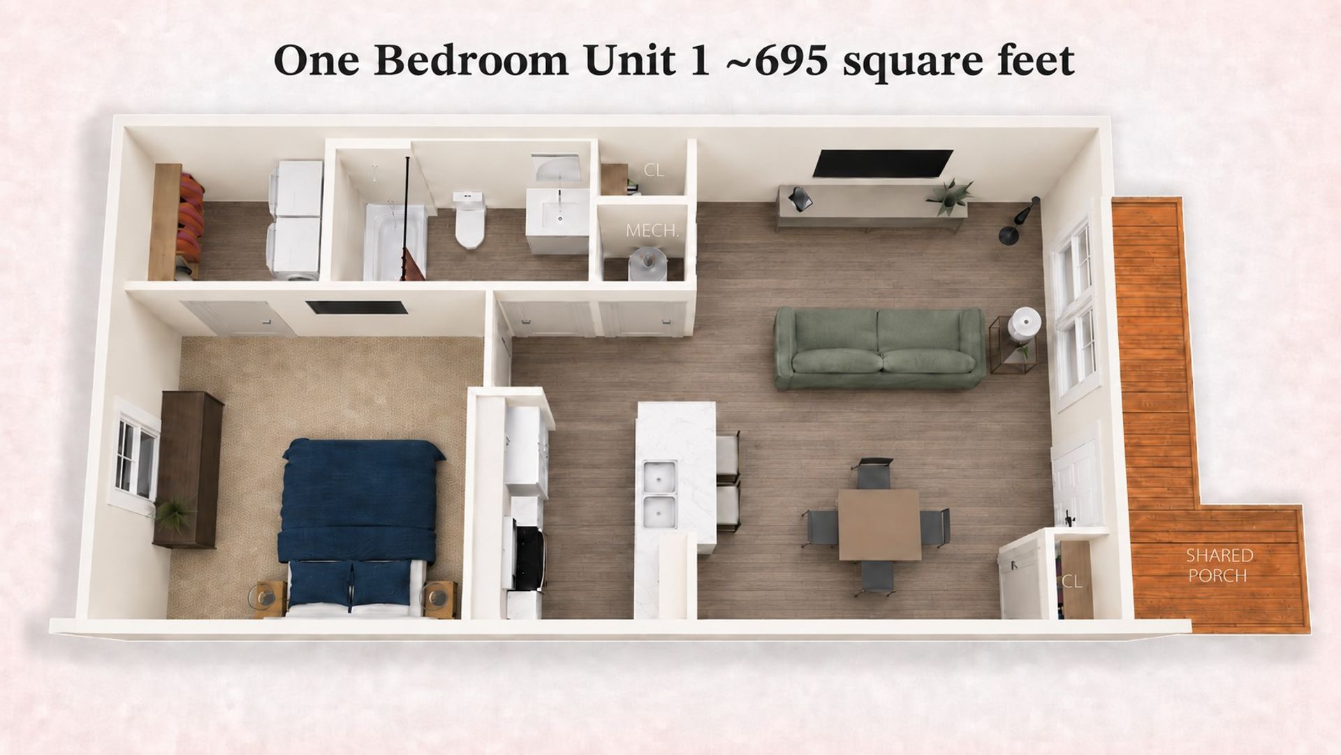 Top-down floor plan of a one-bedroom apartment with bedroom, bathroom, kitchen, and living area.