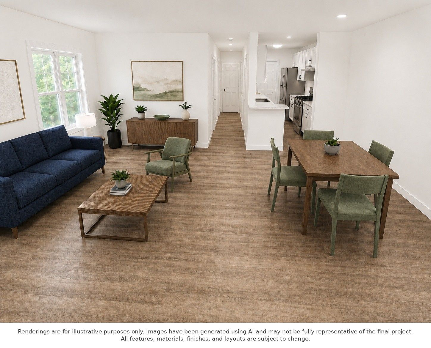 Bright open living-dining room with blue sofa, coffee table, green chairs, wood table, and staircase.