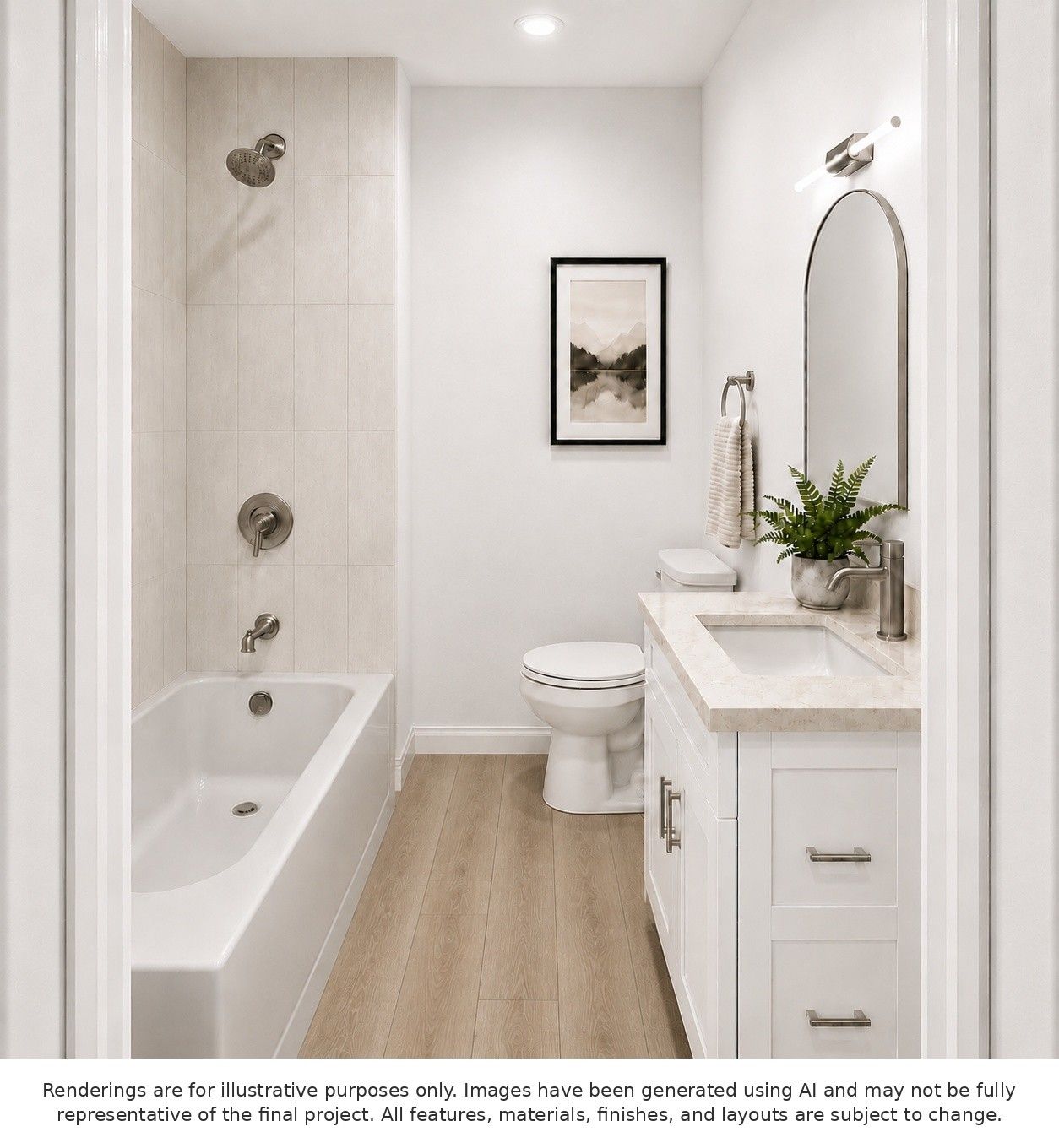 Bright white bathroom with bathtub, toilet, vanity, and mirror