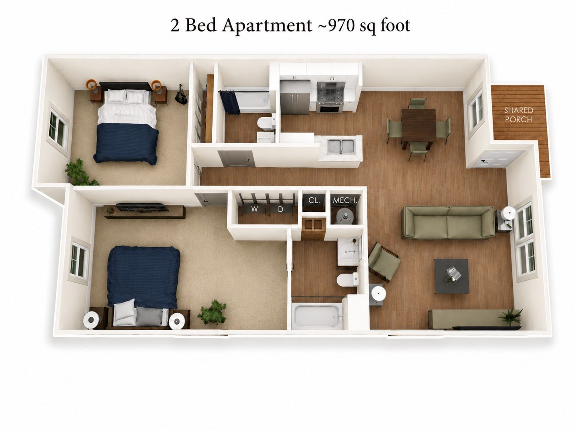 2-bed apartment floor plan with living room, kitchen, bathroom, and two bedrooms in a top-down view