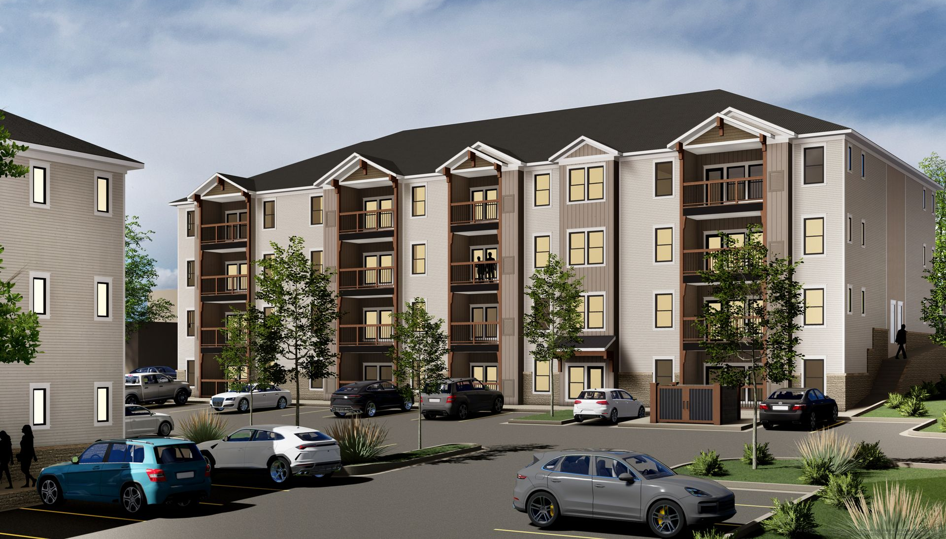 1621 West Apts: A multi-story apartment building with beige siding and balconies, set in a parking lot with 10 parked cars.