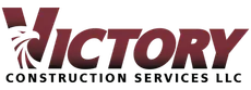 Victory Construction Services LLC logo in burgundy and black on a white background