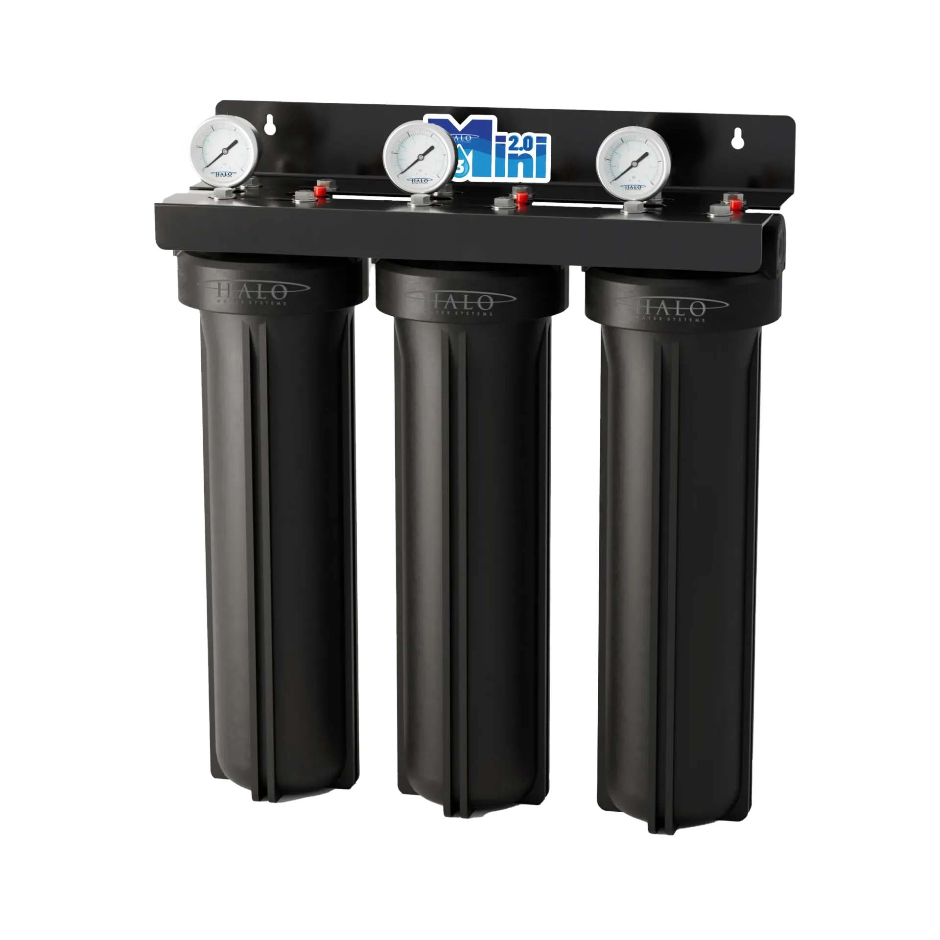 Hand holding a white filter cartridge beside blue water filter housings in a plumbing system