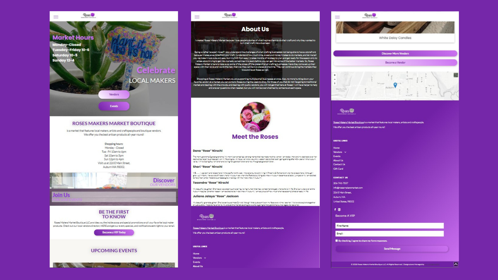 A purple background with a bunch of different images on it