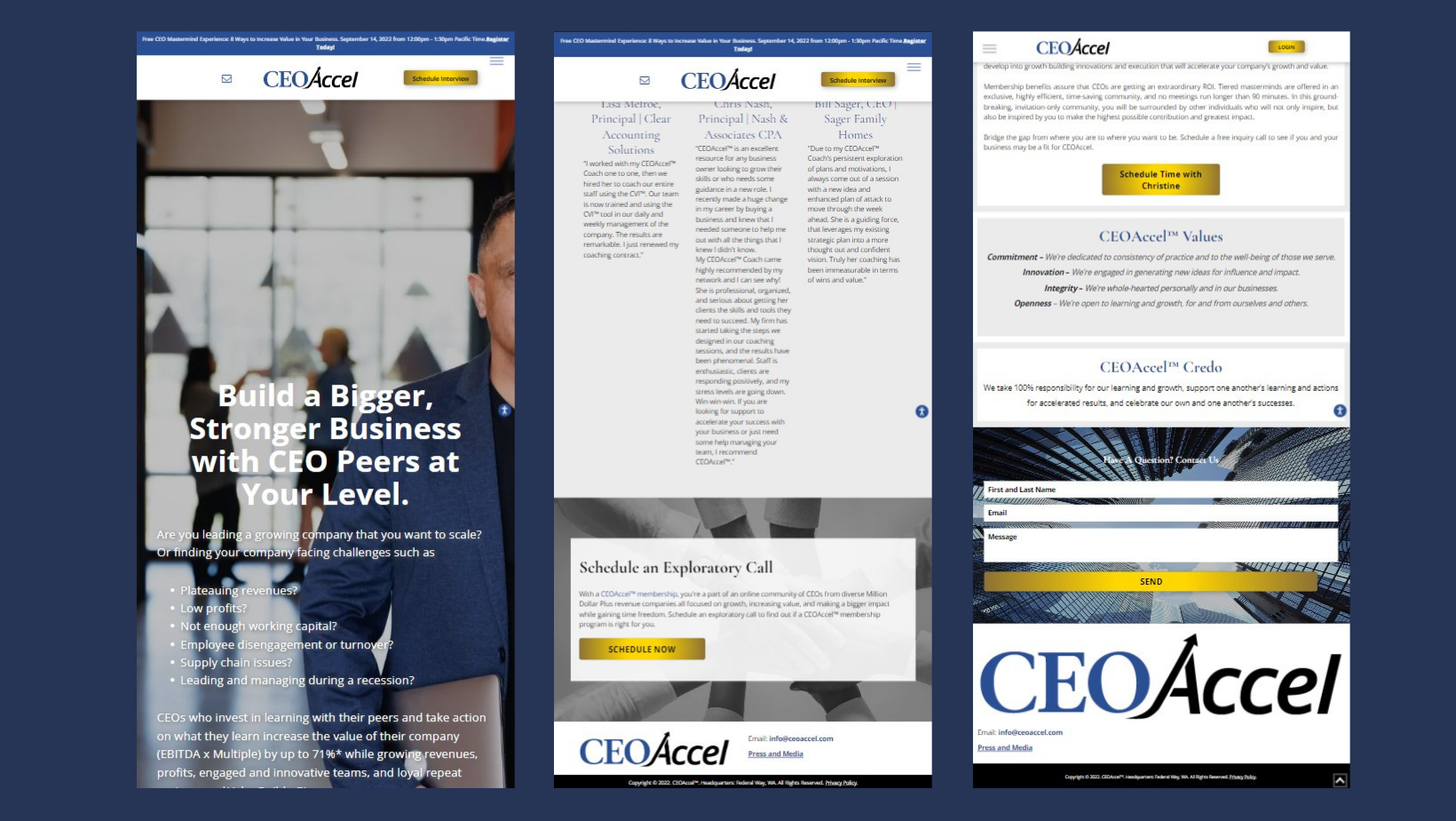 Three screenshots of a ceo accer website on a blue background