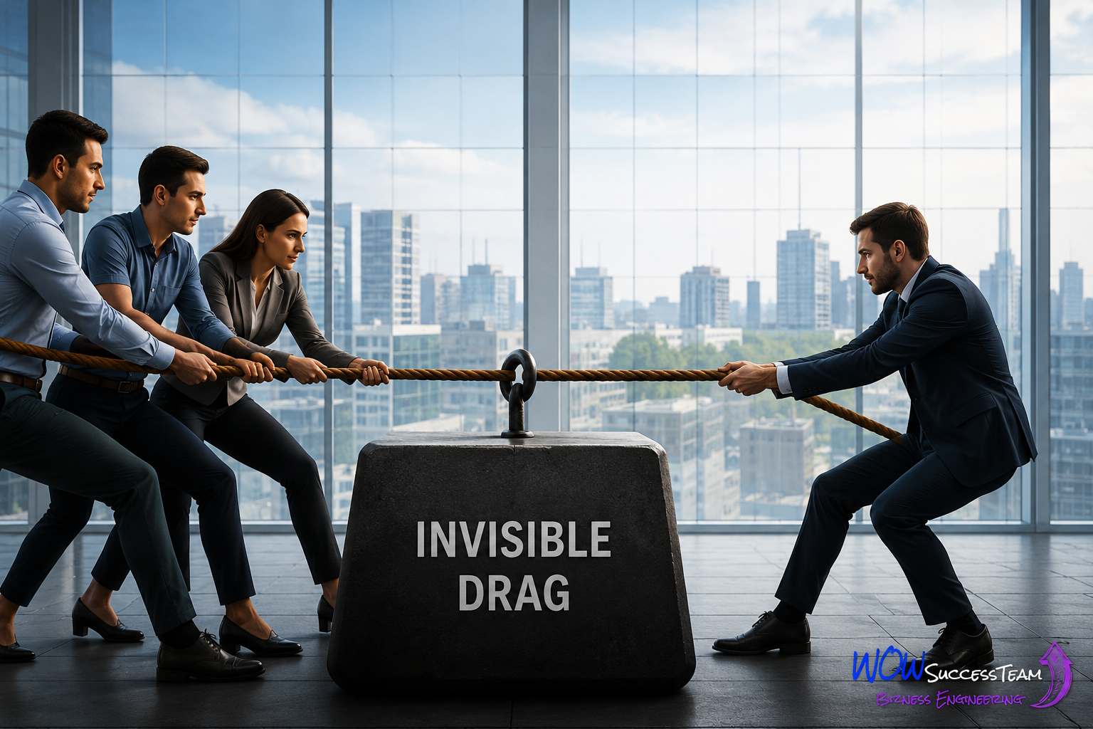 Business team in a tug-of-war against invisible drag