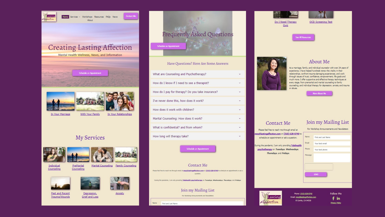 Three different versions of a website with a purple background