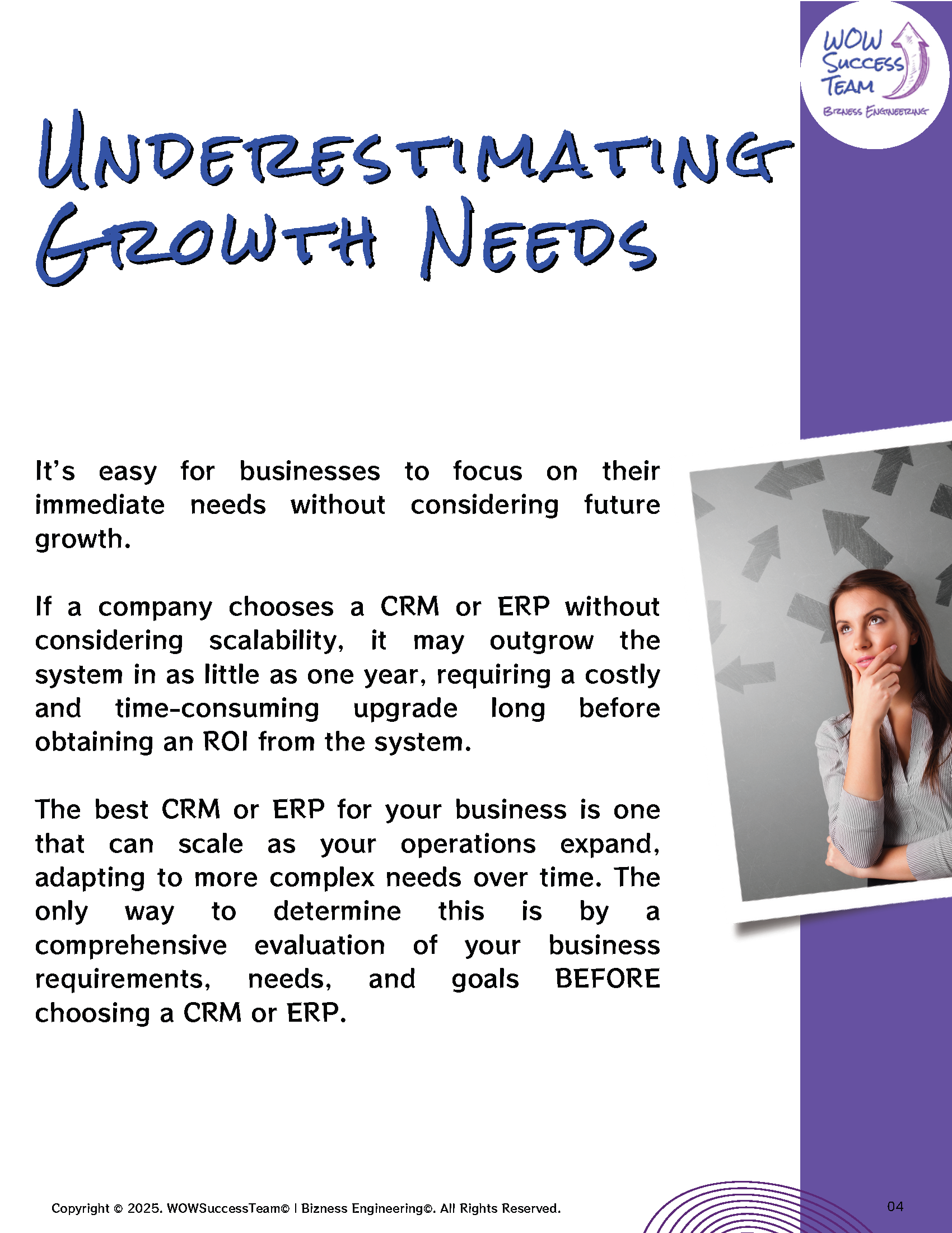 A purple page with a picture of a woman and the words underestimating growth needs