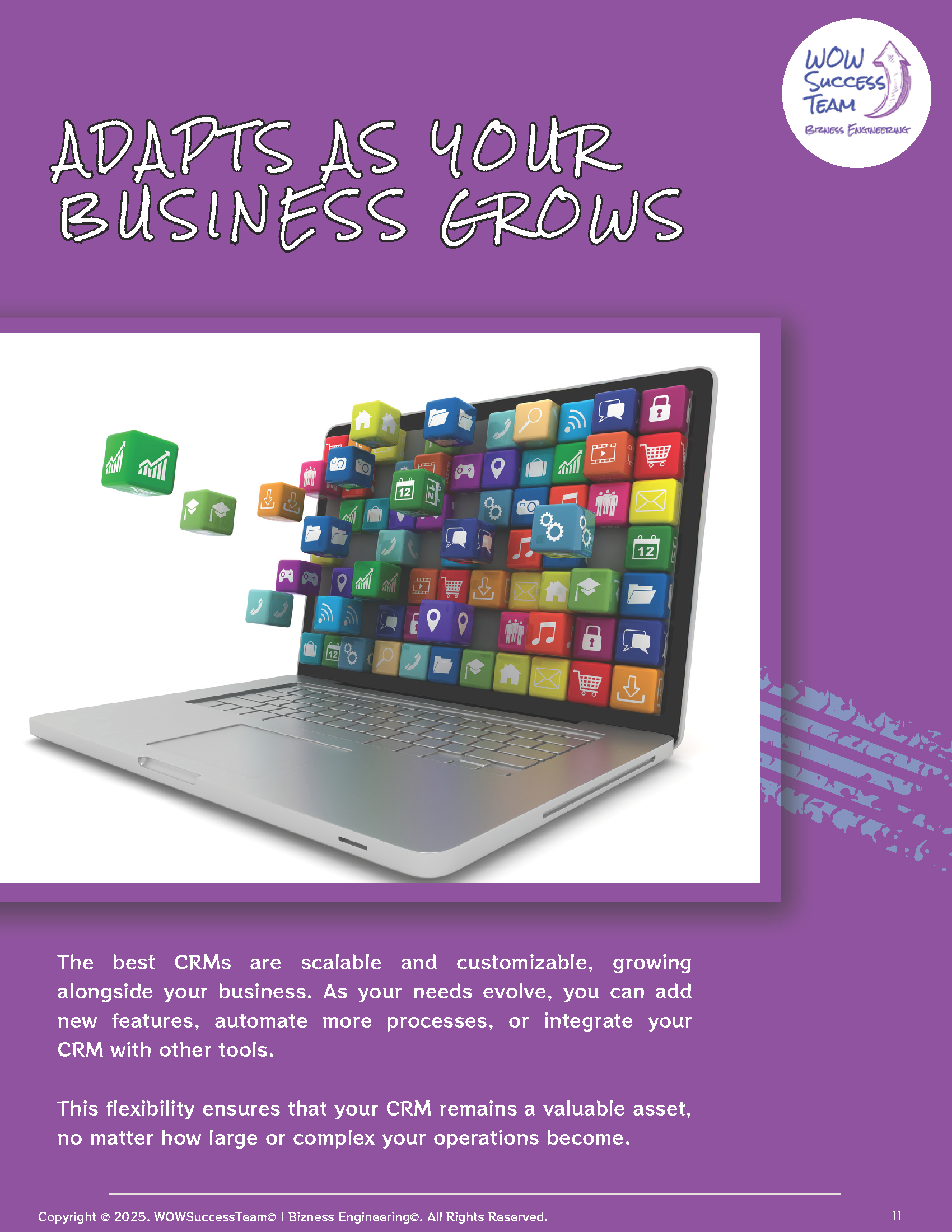 A purple poster with a laptop on it that says adapts as your business grows