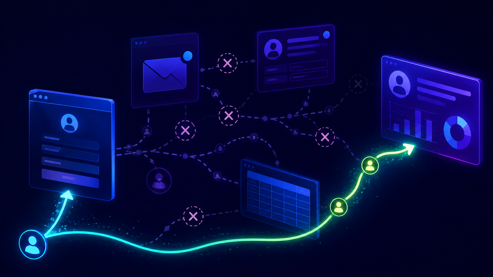 Business systems map with lead signals hidden between disconnected website, inbox, CRM, and follow-up dashboard nodes.