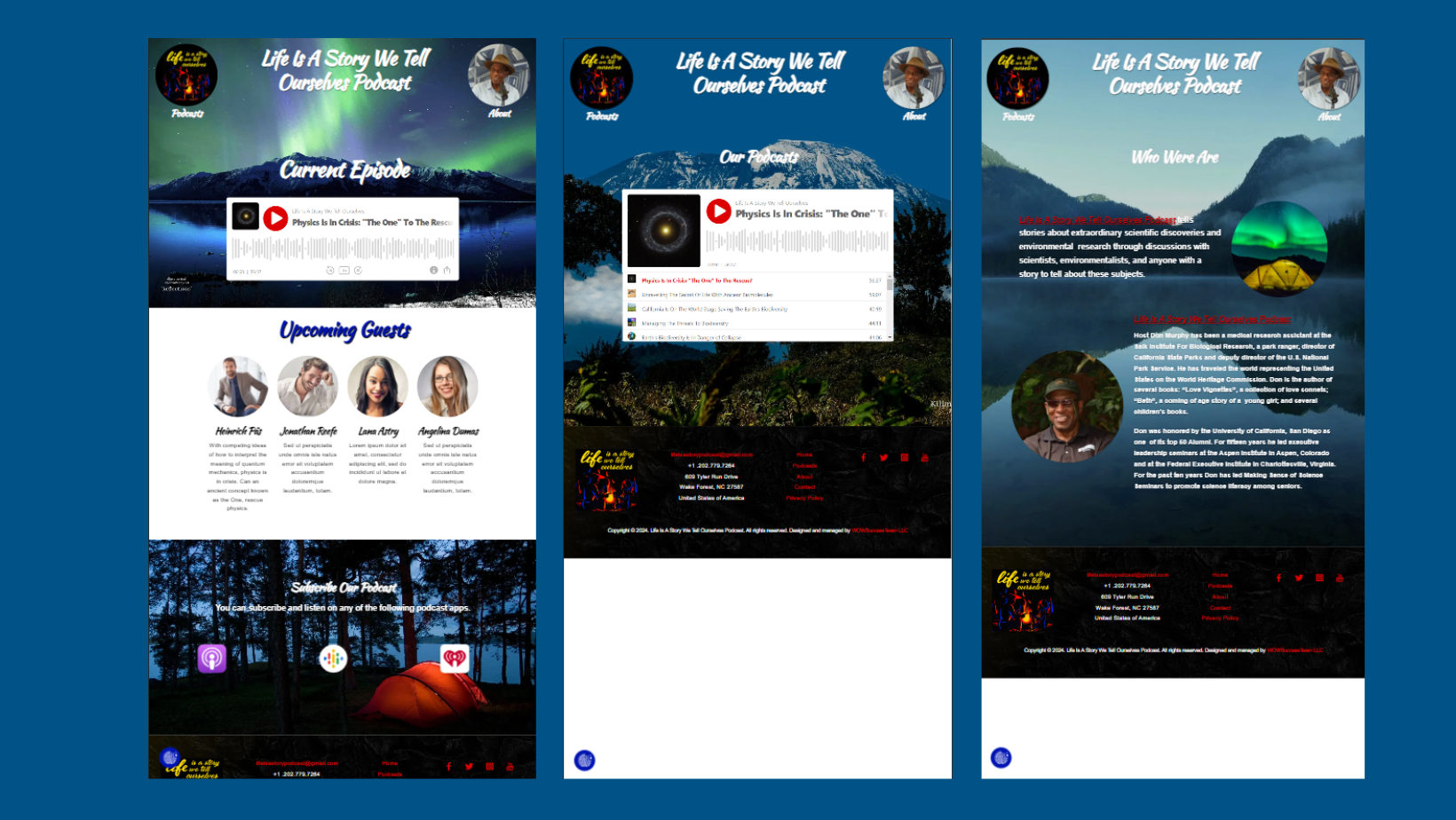 Three different versions of a website with a blue background