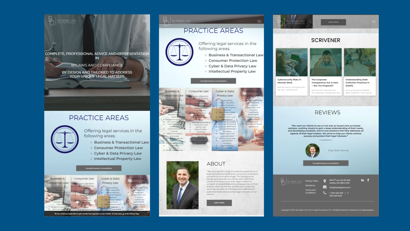 Four different versions of a website are shown on a blue background
