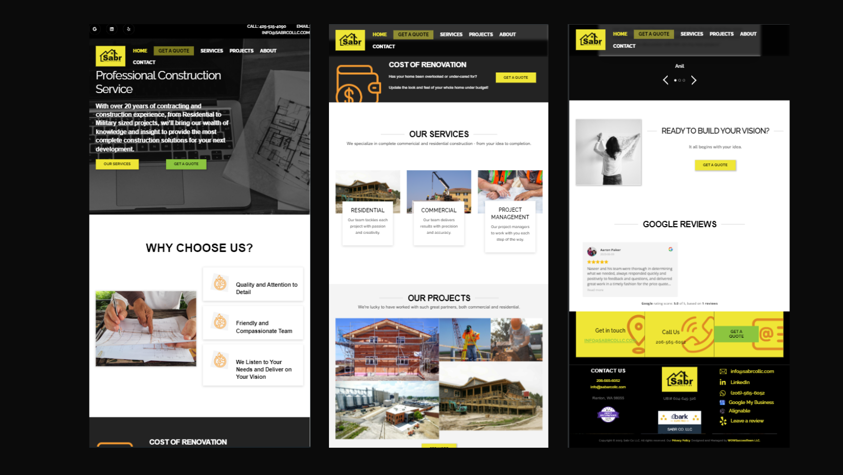 Four different versions of a website with a black background