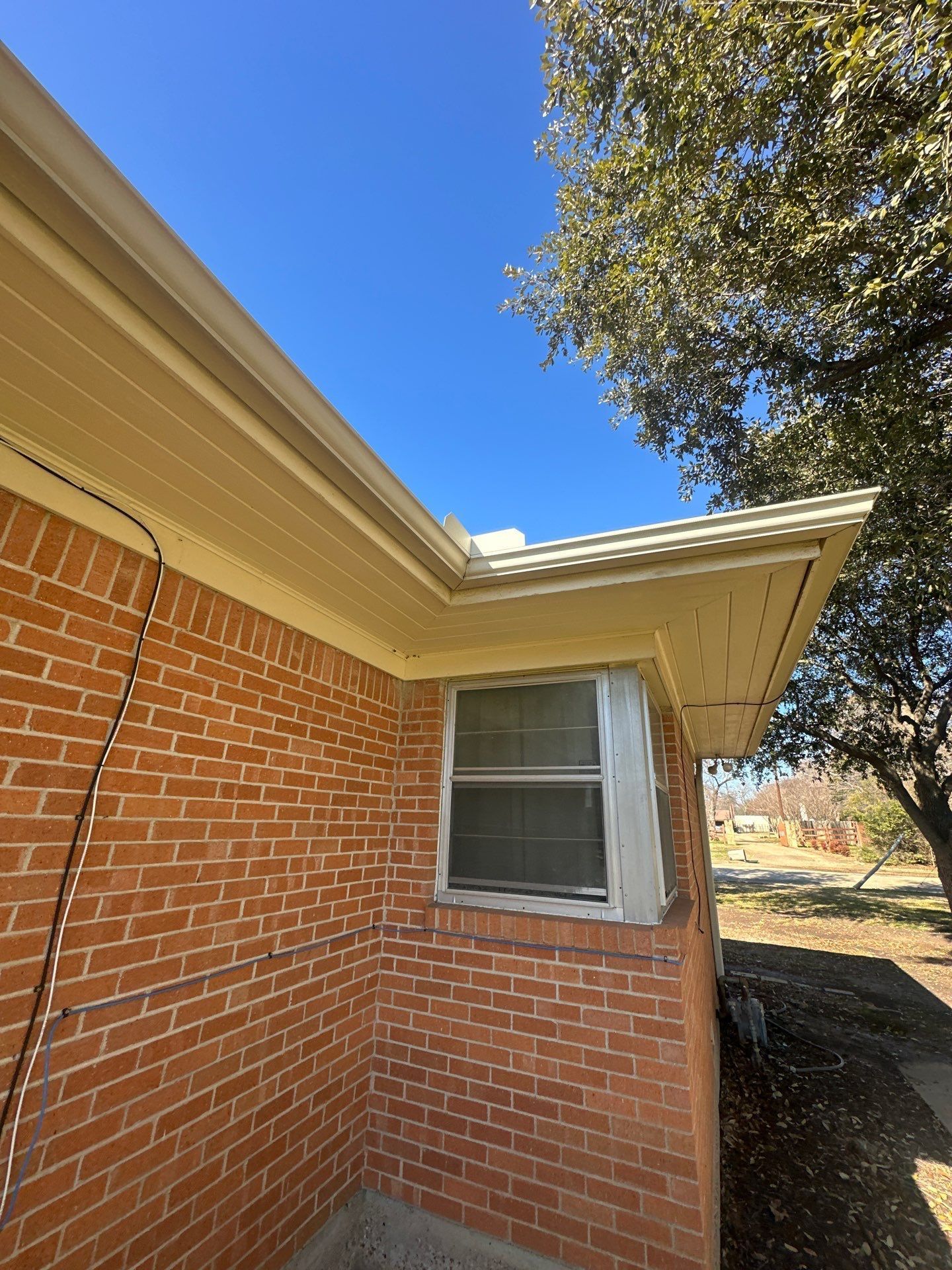 Brick house corner with white trim, a window, and a large tree against a blue sky.