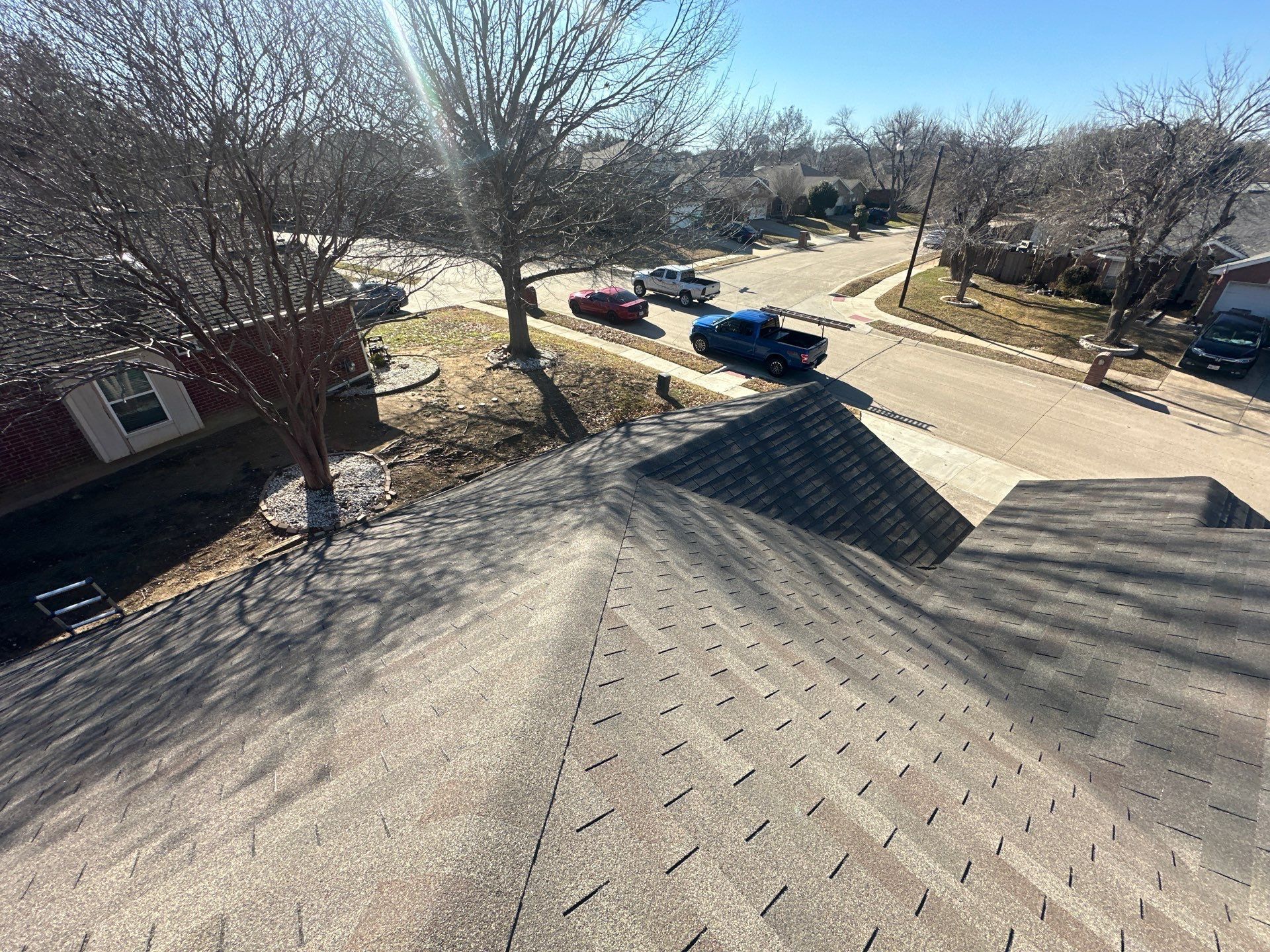 View from a roof overlooking a suburban street, trees, and parked cars on a sunny day