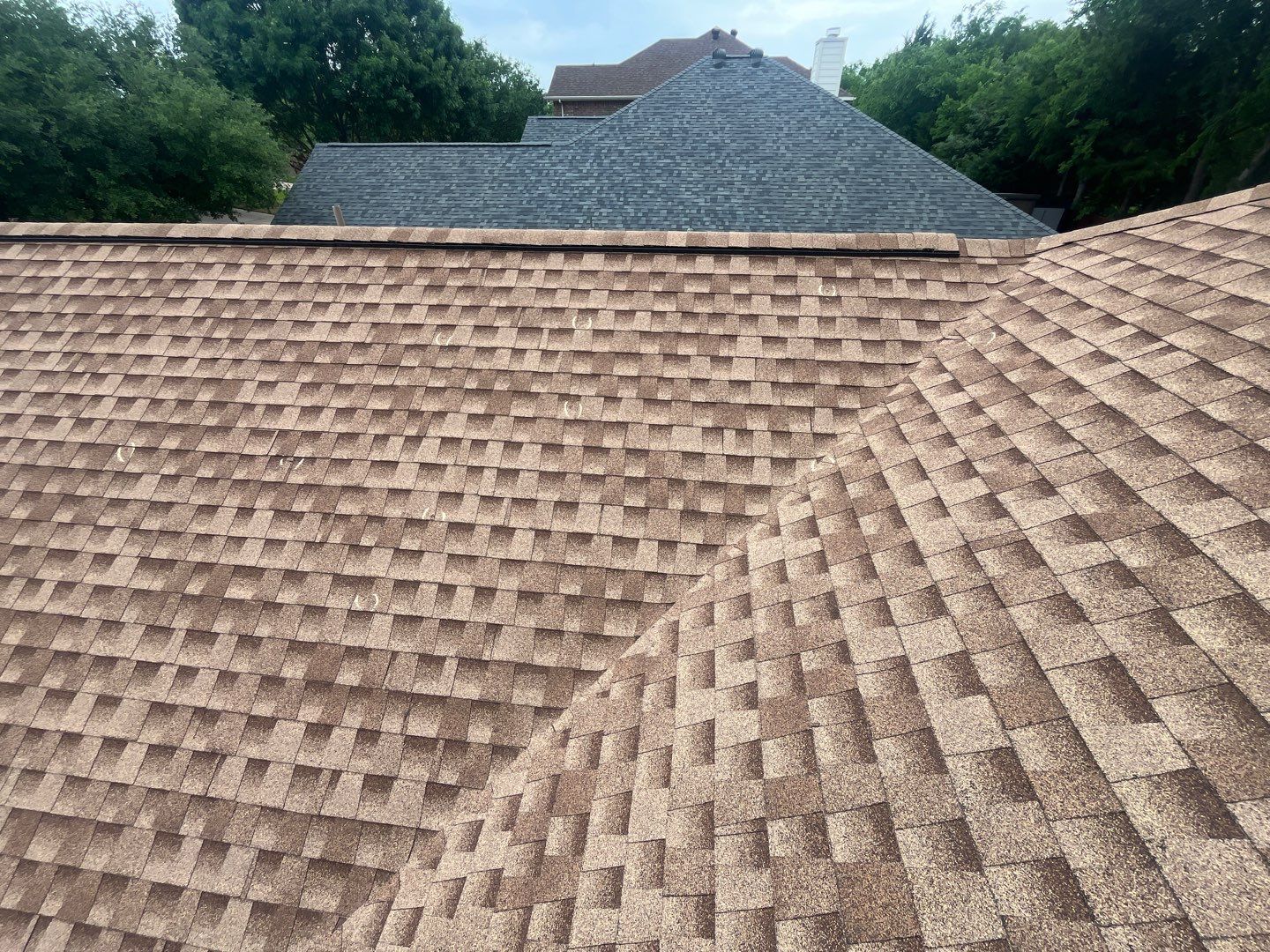 Close-up of a brown shingled roof with trees and a house in the background
