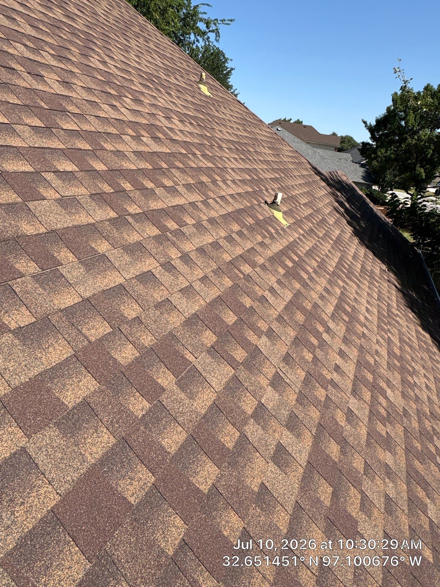 Shingled roof viewed from above, with a vent pipe and trees in the background.