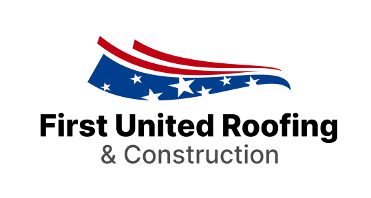 First United Roofing & Construction logo with red, white, and blue roof graphic
