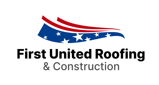 First United Roofing & Construction logo with red and blue roof graphic and stars