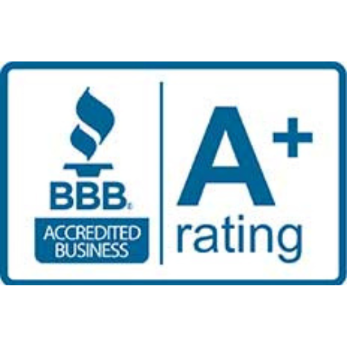 BBB Accredited Business A+ rating logo in blue and white