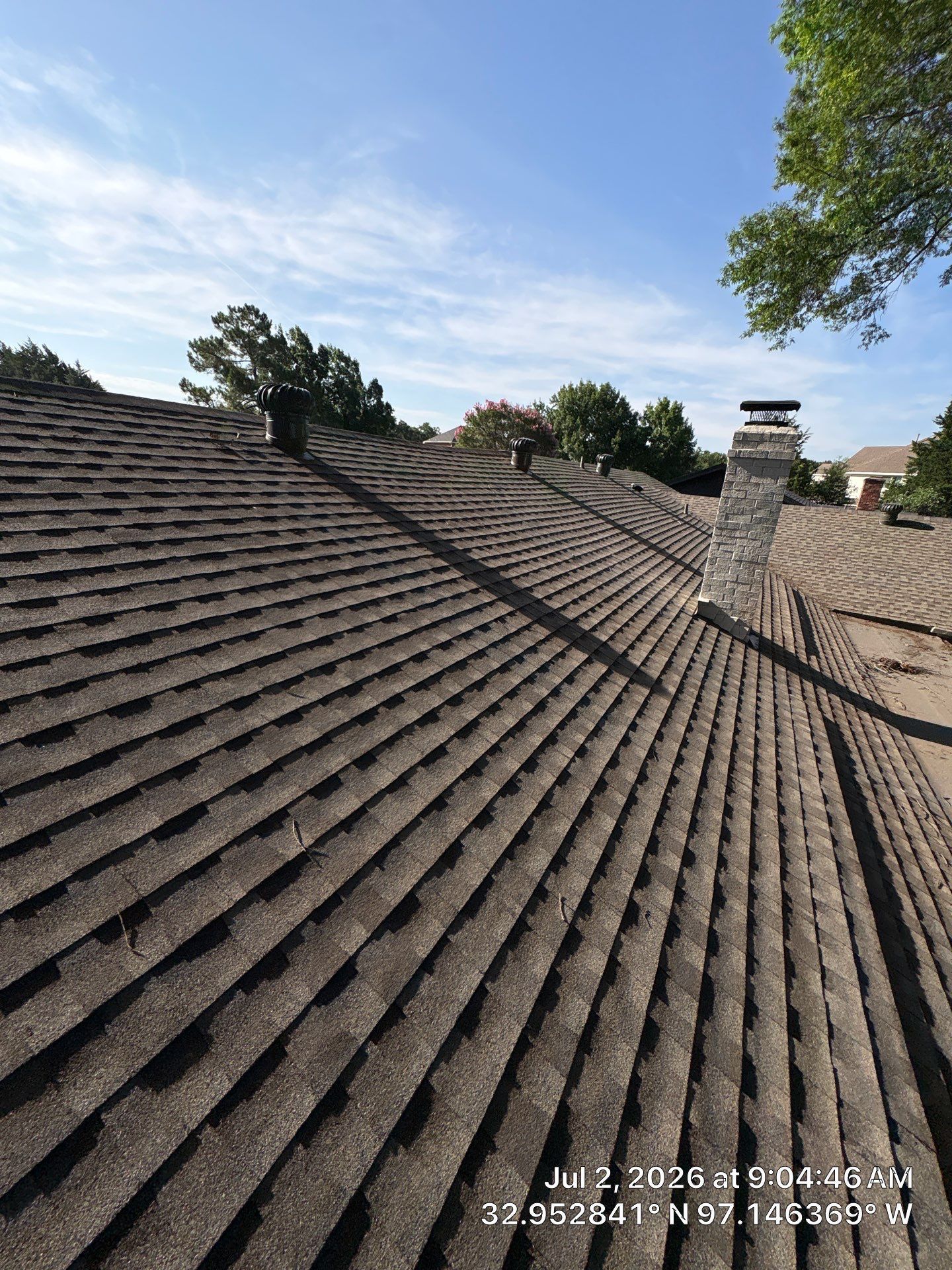 Row of weathered terracotta roof tiles with trees and a small chimney under a blue sky