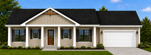 A newly constructed blue house with white trim, a covered porch, and a dirt yard with tire tracks.