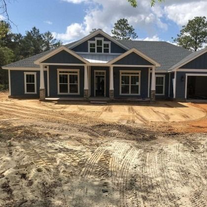 A newly built, dark blue house with white trim, a gabled roof, and a gravel driveway under a partly cloudy sky.