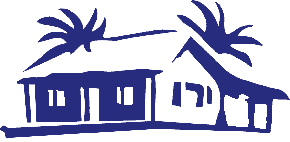 A simple blue line art drawing of a beach house with palm trees on the roof.