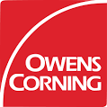 The Owens Corning logo features the company name in white text on a red square background with a white curved line.