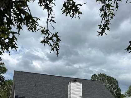 A view of a shingled roof and white chimney under a cloudy sky, framed by tree branches in the foreground.