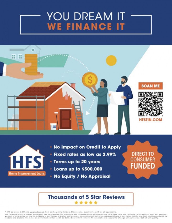 Promotional flyer for HFS home improvement loans with a house graphic, loan details, and a QR code for HFSFIN.COM.
