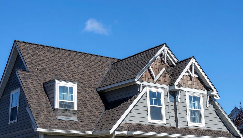 The upper story of a gray shingled house with multiple dormer windows and dark brown roof shingles against a blue sky.