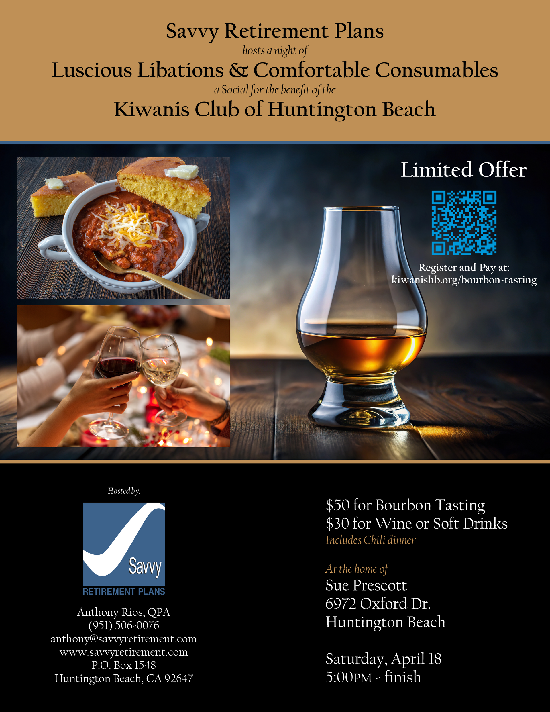 Bourbon Tasting fundraiser Savvy Retirement Plans event: Food and drink images, limited offer, QR code, Kiwanis Club of Huntington Beach.