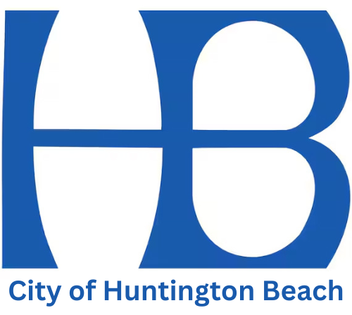 Blue logo for the City of Huntington Beach featuring a stylized 