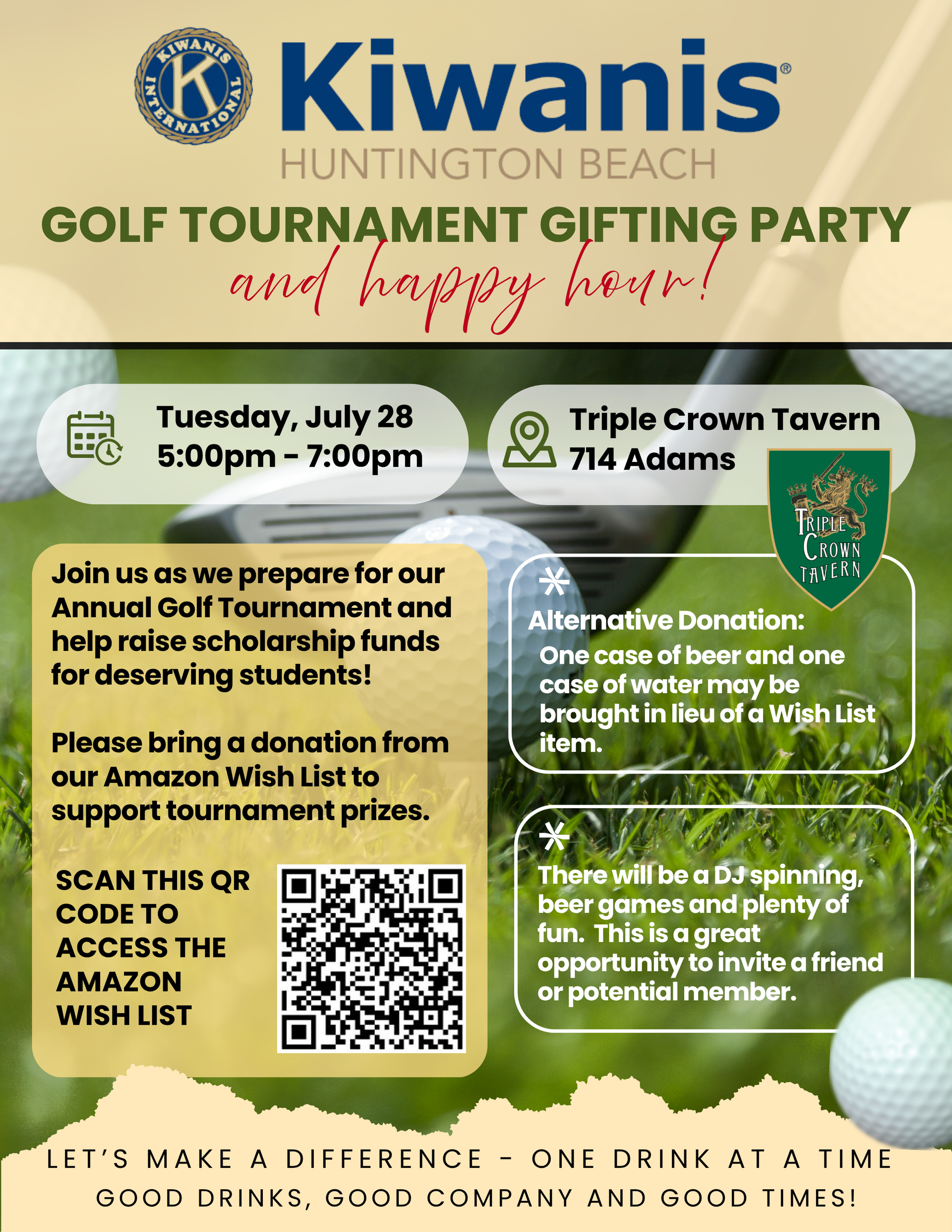 Kiwanis monthly social Kiwanis Huntington Beach golf tournament gifting party flyer with event details and donation QR code